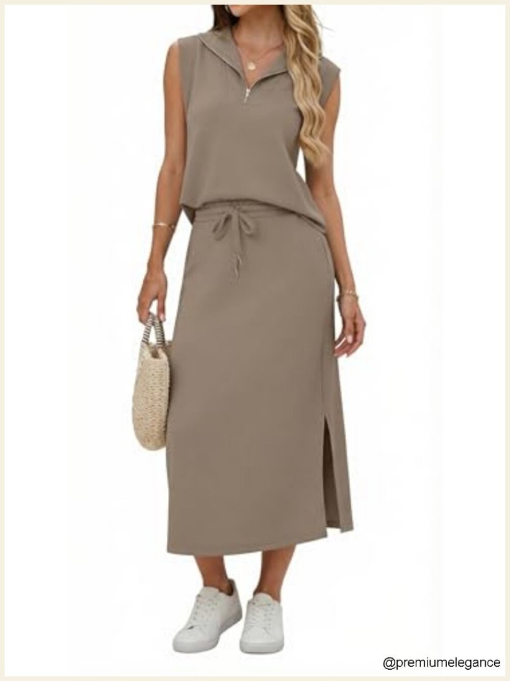 Two Piece Skirt Set - Half Zip Cap Sleeve Top with Side Split Midi Skirt